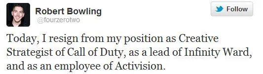 ロバートボウリングは、コールオブデューティクリエイティブストラテジストとして辞任します。ファンは彼を核にします