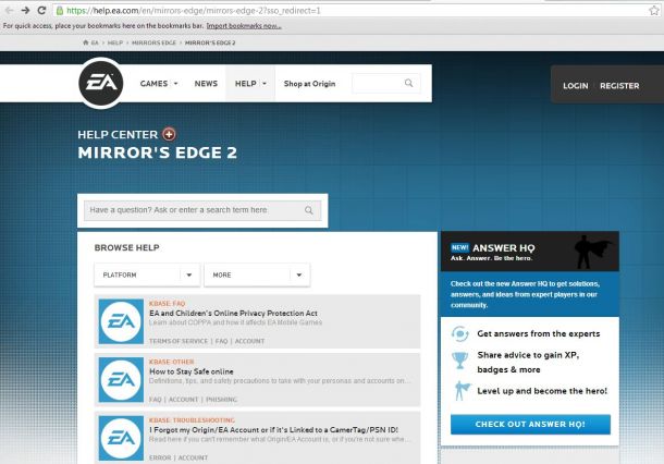 EAヘルプサイトで斑点を付けられたMirror's Edge 2